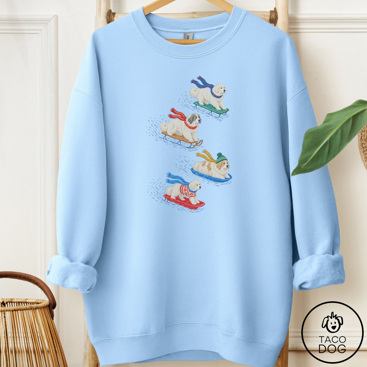 Great Pyrenees Sledding Sweatshirt Light Blue Taco-Dog