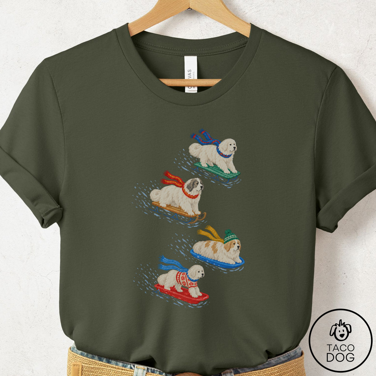 Great Pyrenees Sledding T-Shirt Military Green Taco-Dog