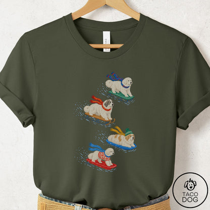 Great Pyrenees Sledding T-Shirt Military Green Taco-Dog
