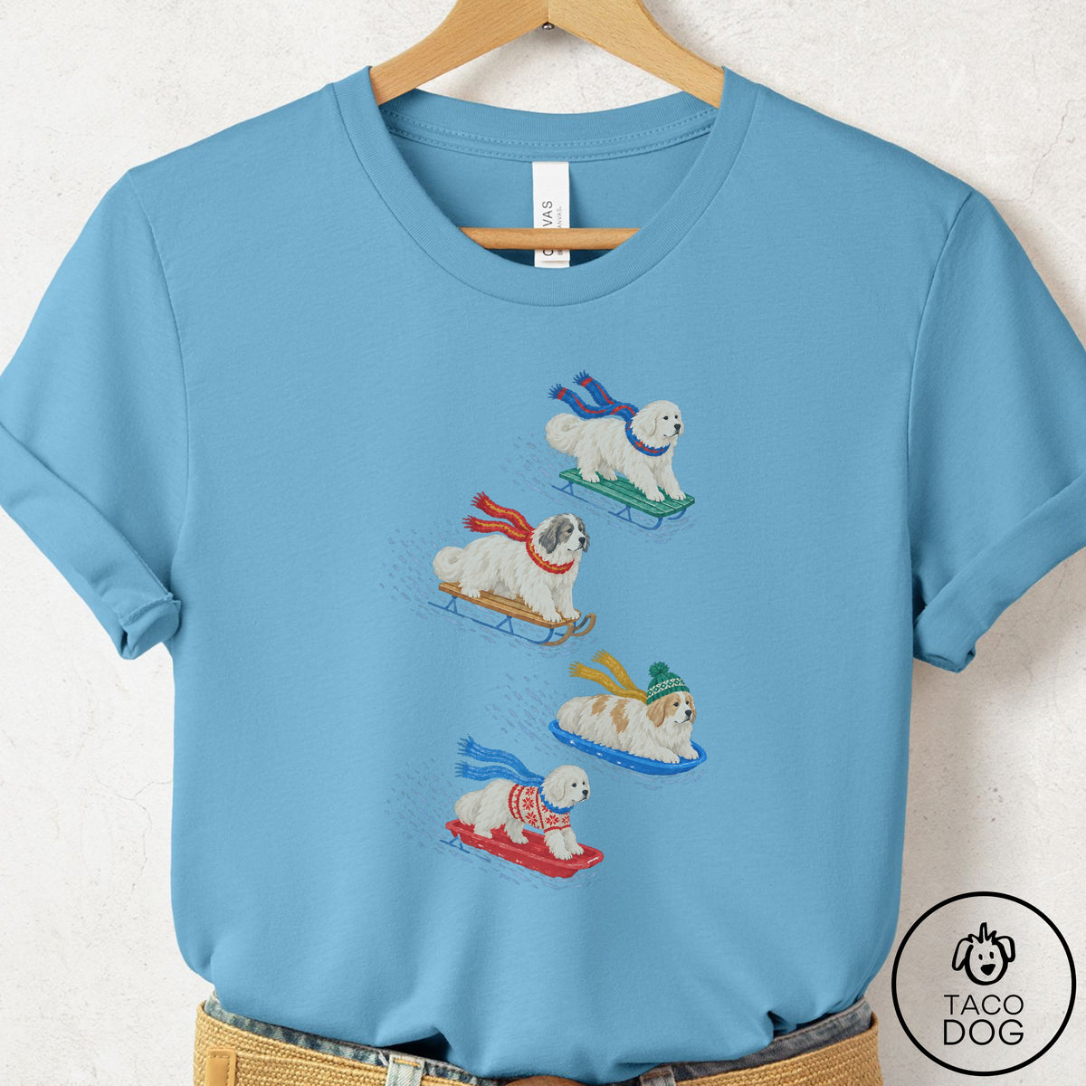 Great Pyrenees Sledding T-Shirt Ocean Blue Taco-Dog