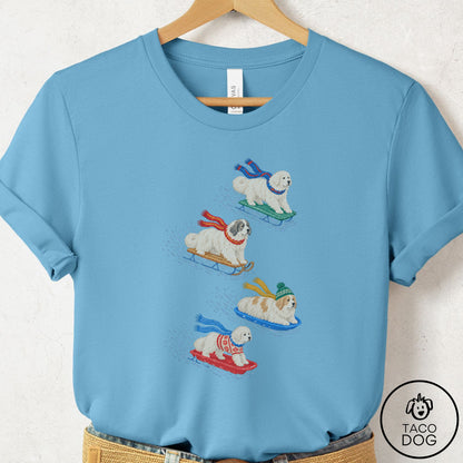 Great Pyrenees Sledding T-Shirt Ocean Blue Taco-Dog