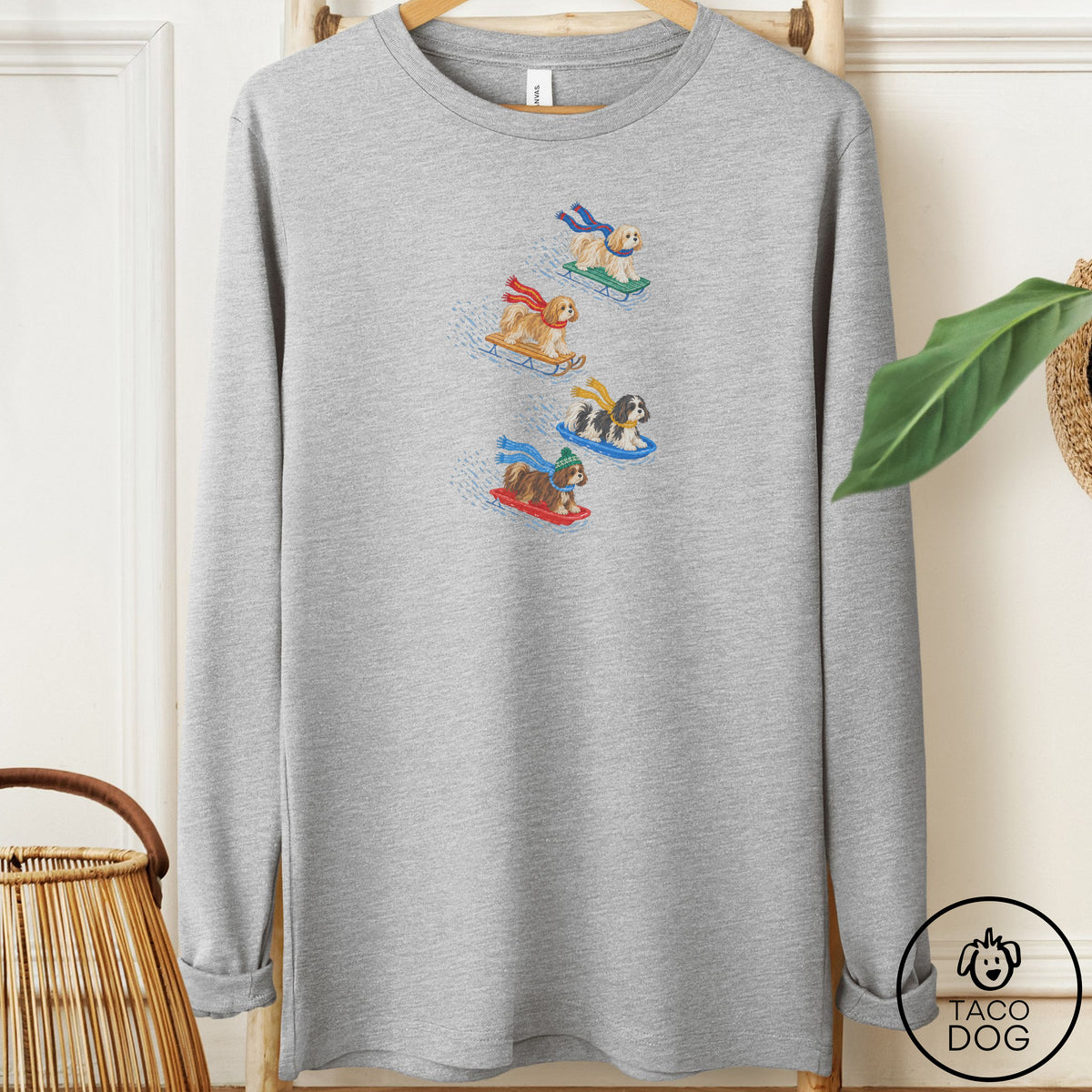 Havanese Sledding Long Sleeve Tee Athletic Heather Taco-Dog