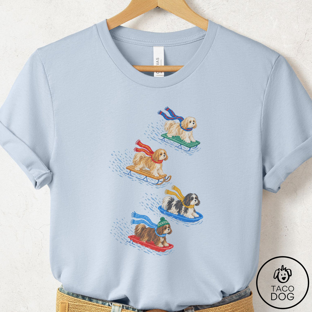Havanese Sledding T-Shirt Light Blue Taco-Dog