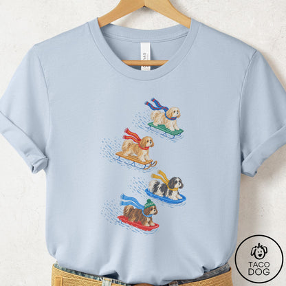 Havanese Sledding T-Shirt Light Blue Taco-Dog
