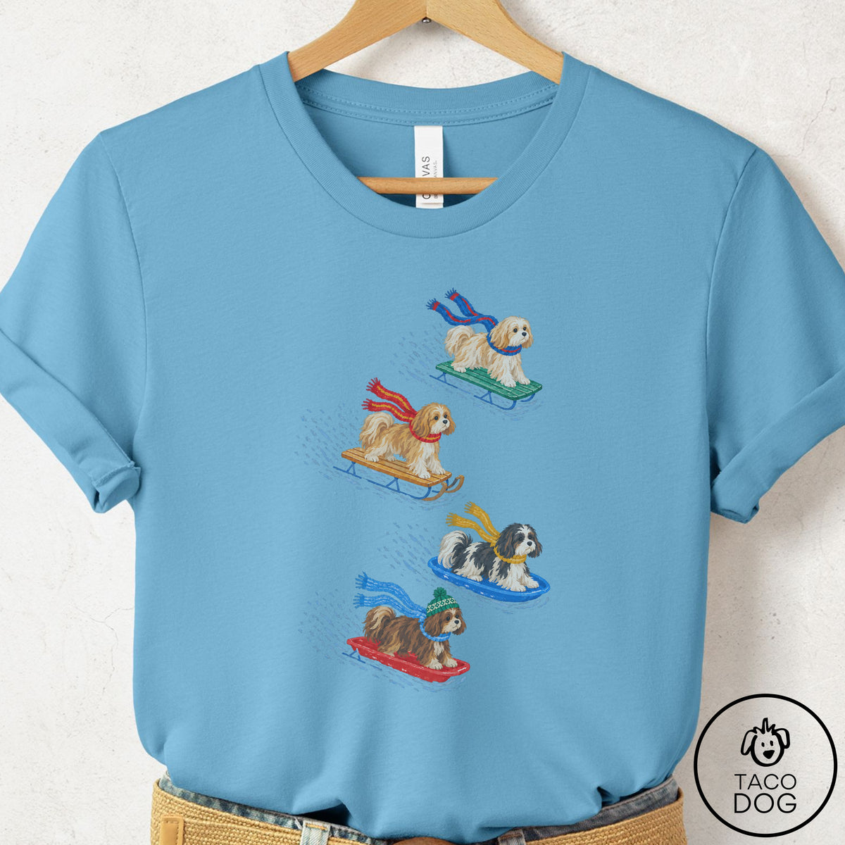 Havanese Sledding T-Shirt Ocean Blue Taco-Dog