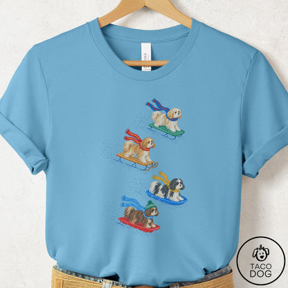 Havanese Sledding T-Shirt Ocean Blue Taco-Dog