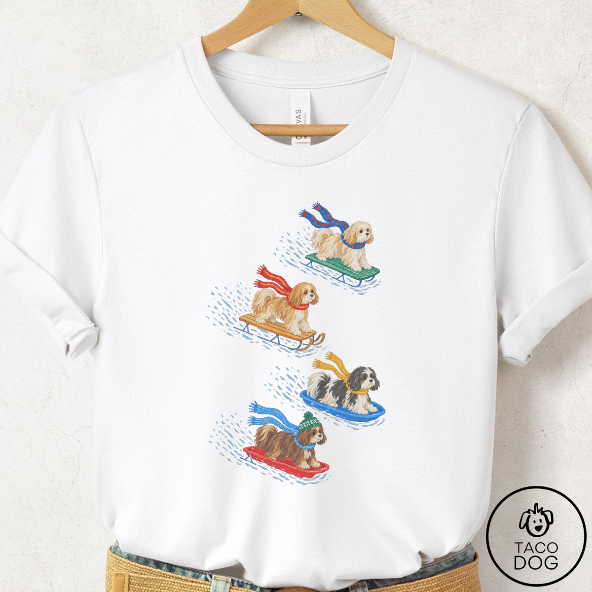 Havanese Sledding T-Shirt White Taco-Dog