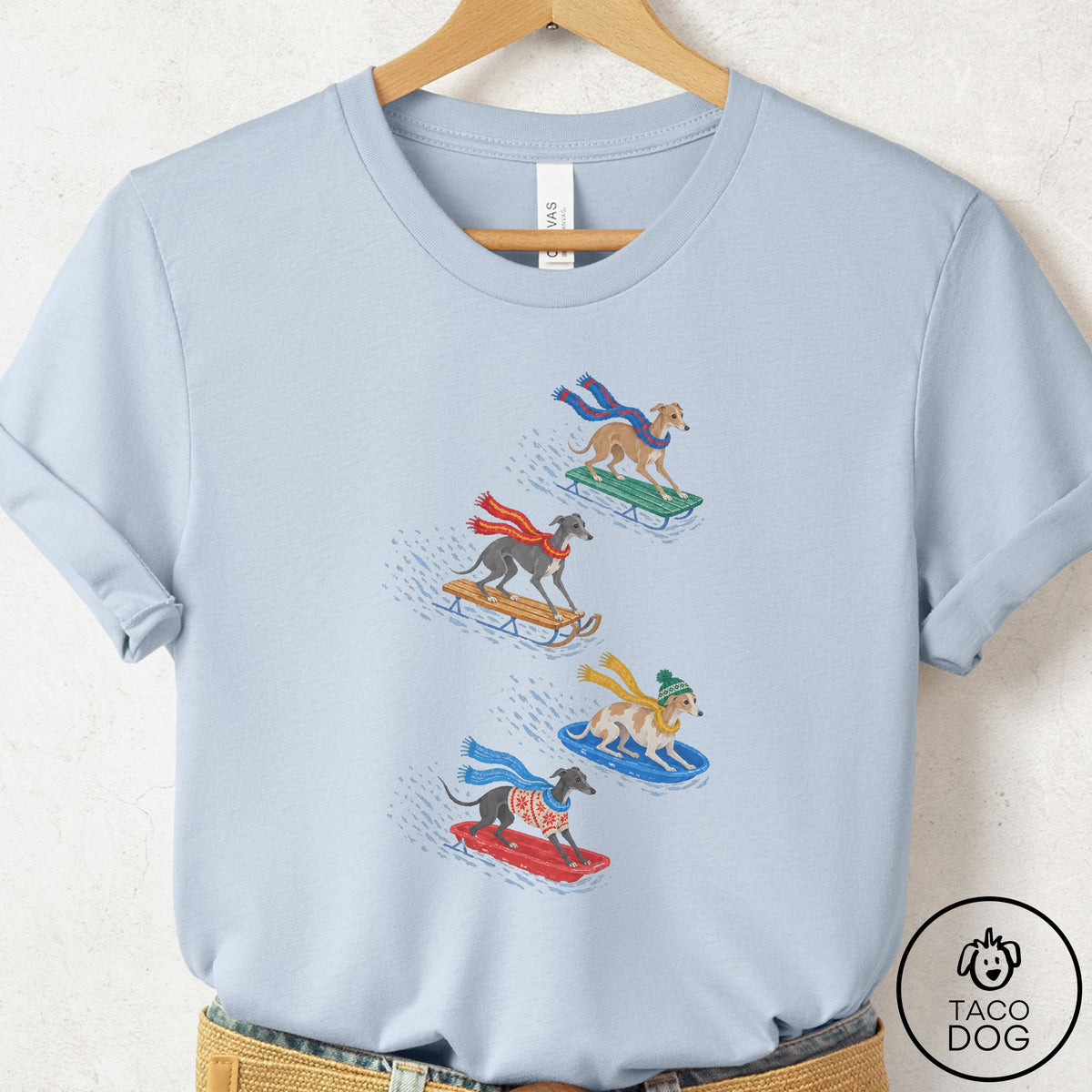 Italian Greyhound Whippet Sledding T-Shirt Light Blue Taco-Dog