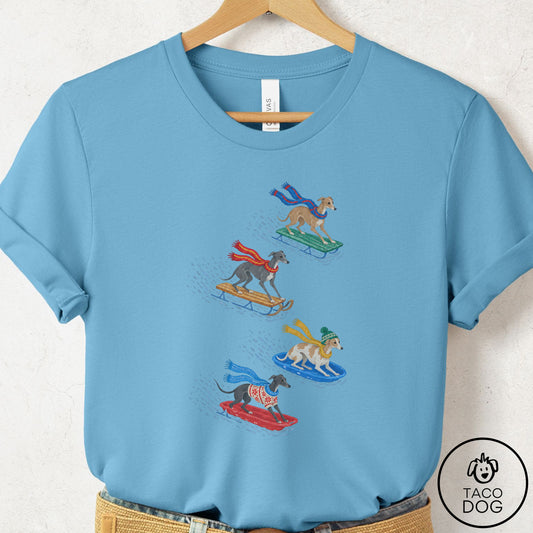 Italian Greyhound Whippet Sledding T-Shirt Ocean Blue Taco-Dog