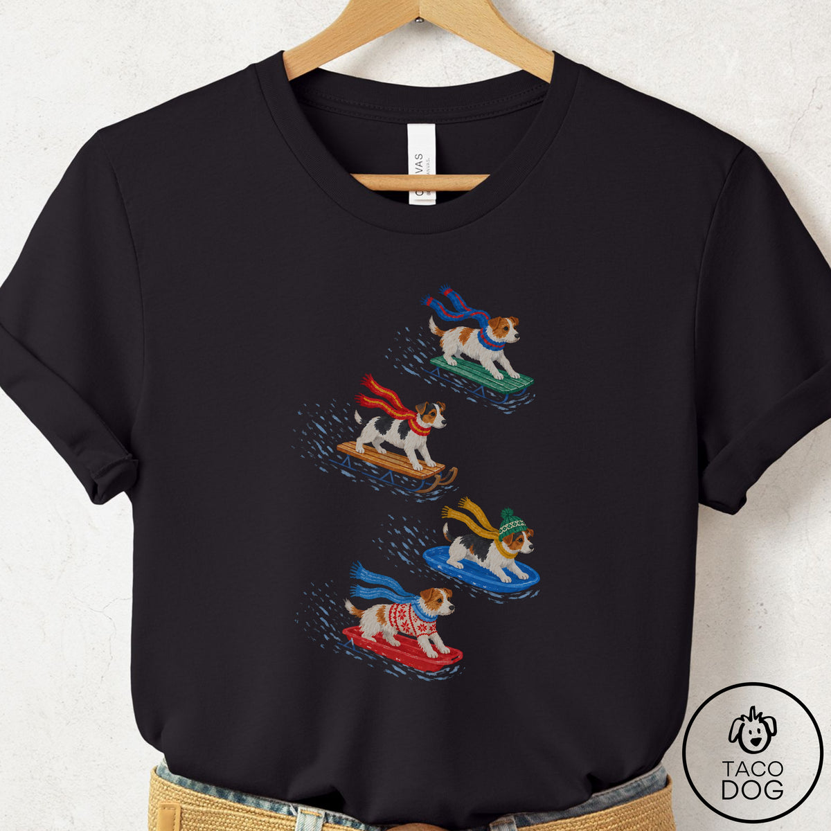 Jack Russell Sledding T-Shirt Black Taco-Dog