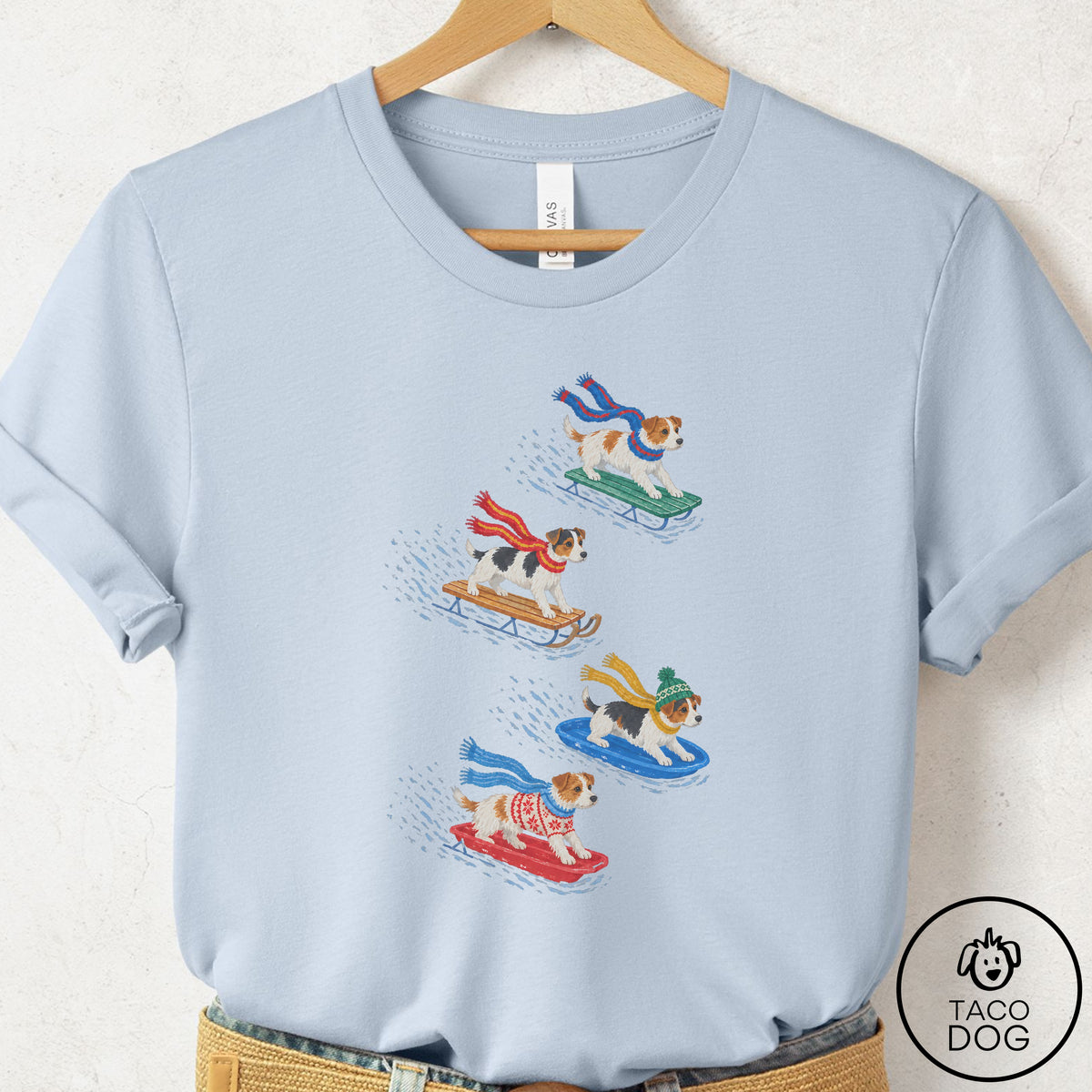 Jack Russell Sledding T-Shirt Light Blue Taco-Dog