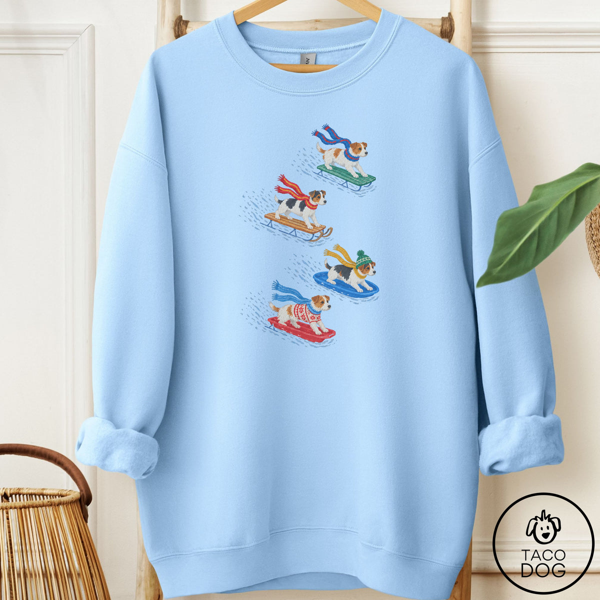 Jack Russell Sledding Sweatshirt Light Blue Taco-Dog