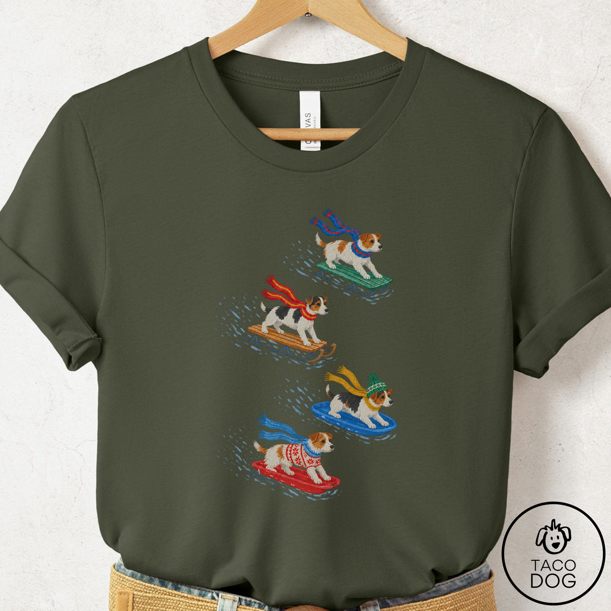 Jack Russell Sledding T-Shirt Military Green Taco-Dog