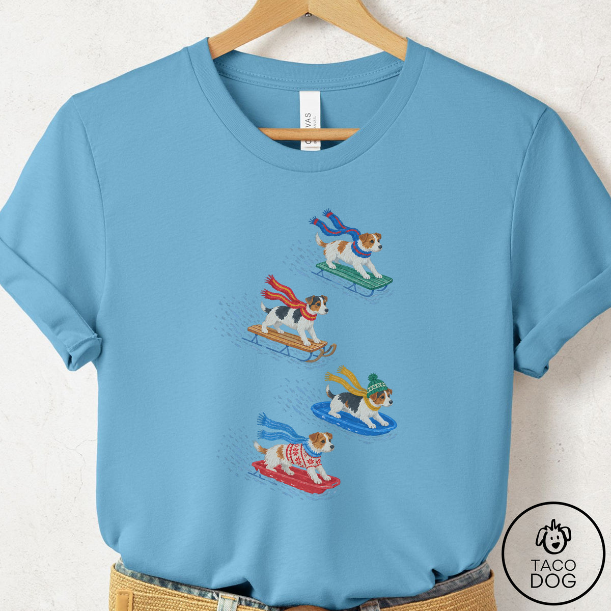 Jack Russell Sledding T-Shirt Ocean Blue Taco-Dog