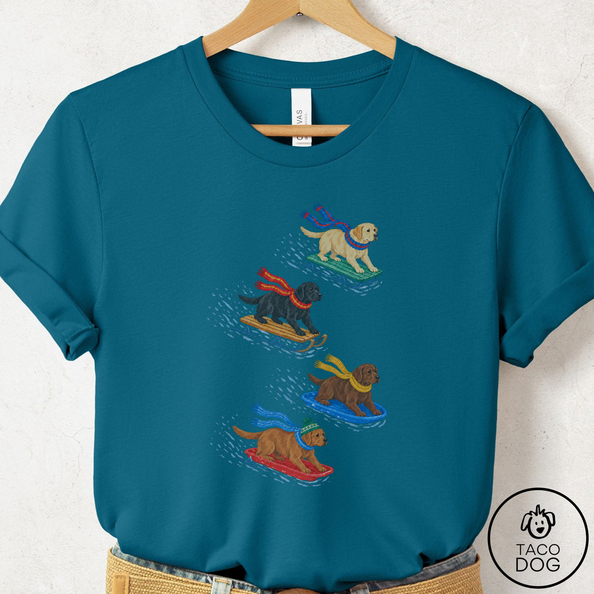 Labrador Retriever Sledding T-Shirt Deep Teal Taco-Dog