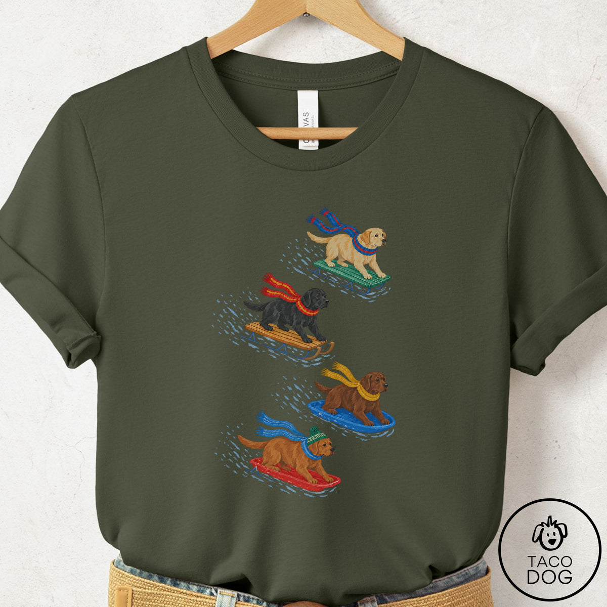 Labrador Retriever Sledding T-Shirt Military Green Taco-Dog