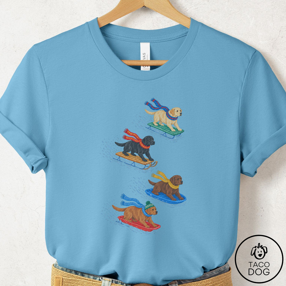 Labrador Retriever Sledding T-Shirt Ocean Blue Taco-Dog