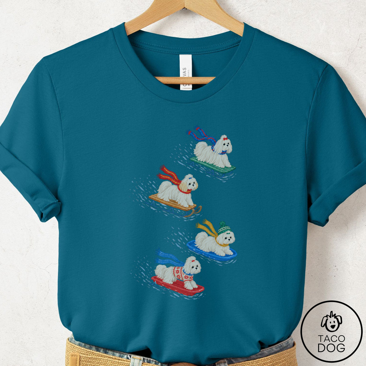 Maltese Sledding T-Shirt Deep Teal Taco-Dog