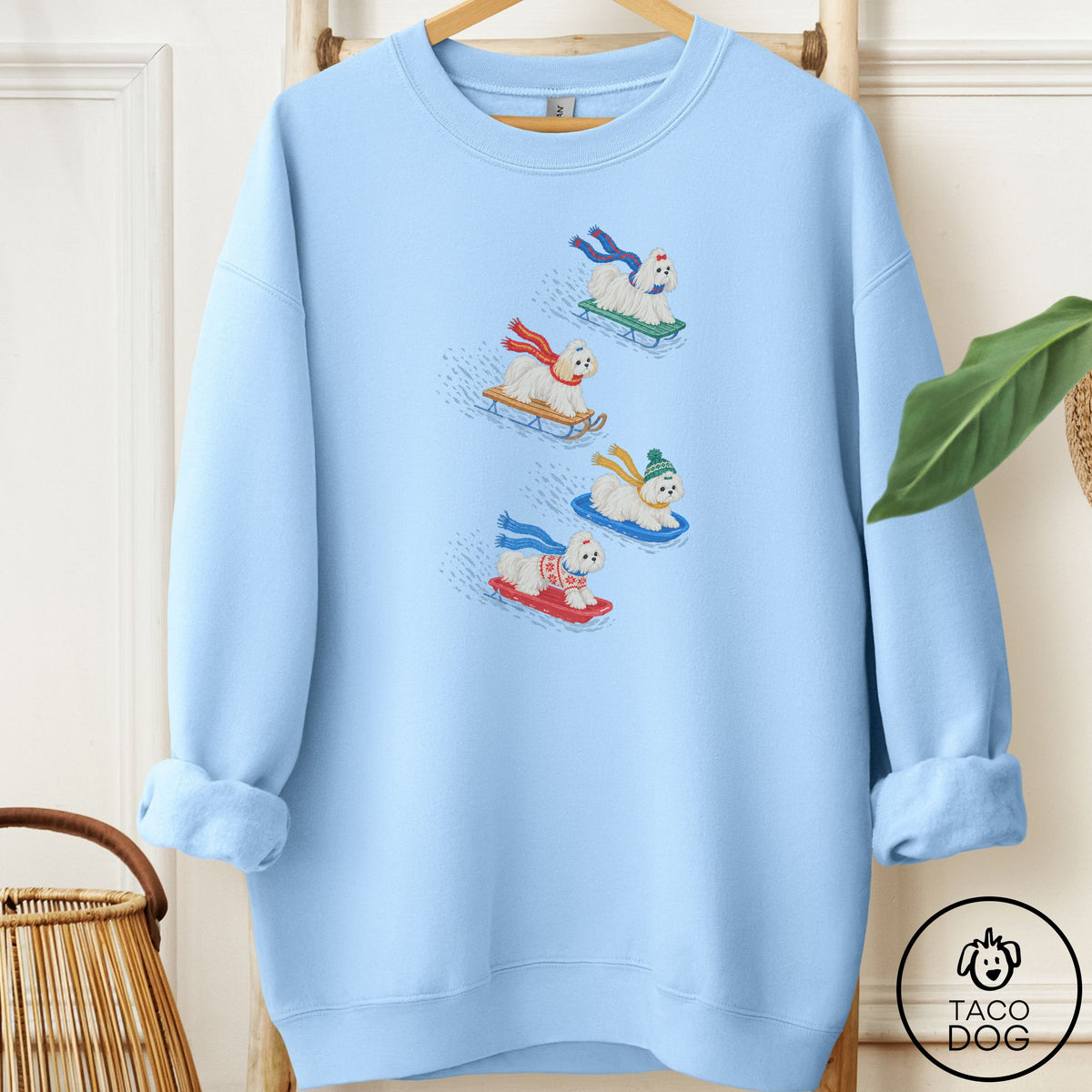 Maltese Sledding Sweatshirt Light Blue Taco-Dog