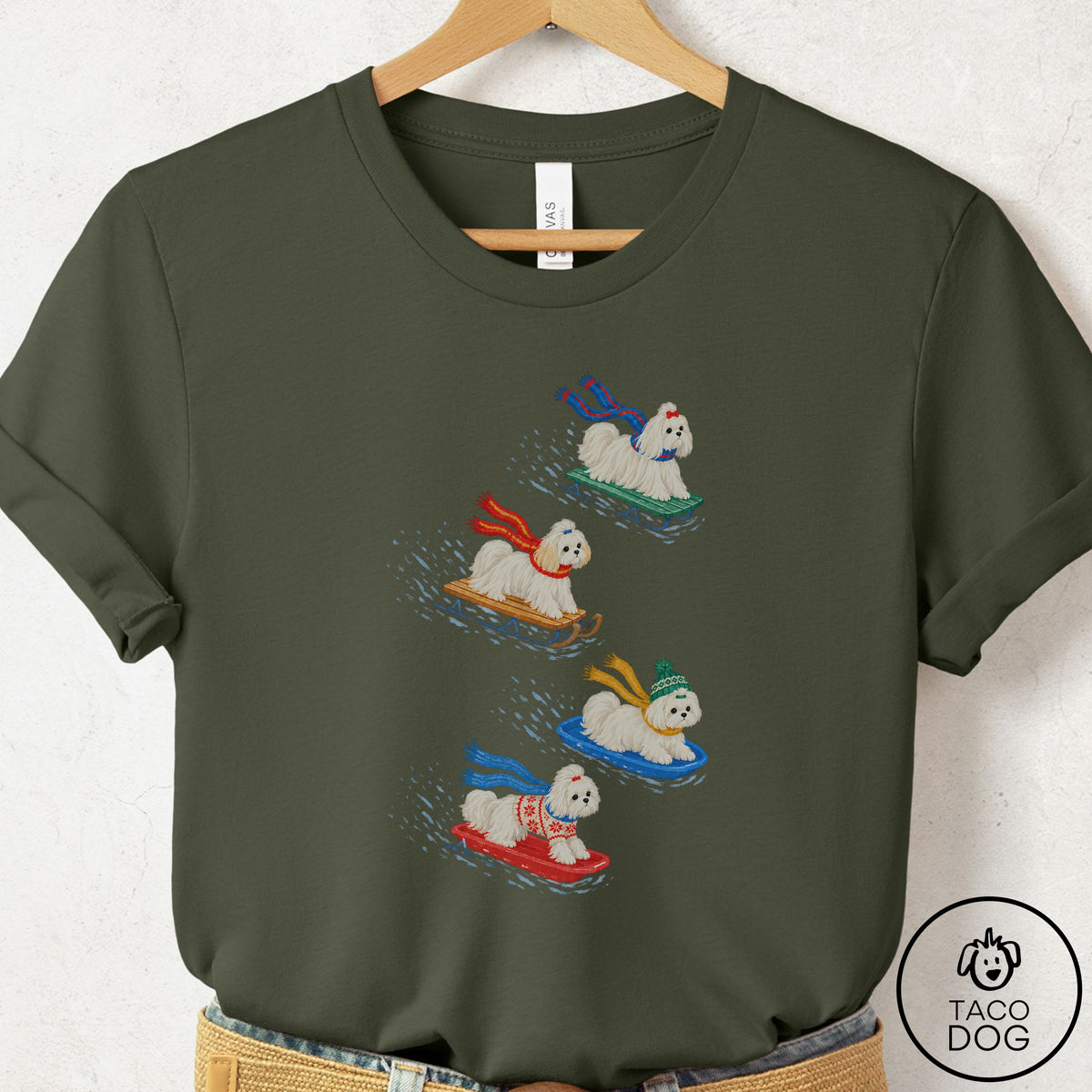 Maltese Sledding T-Shirt Military Green Taco-Dog
