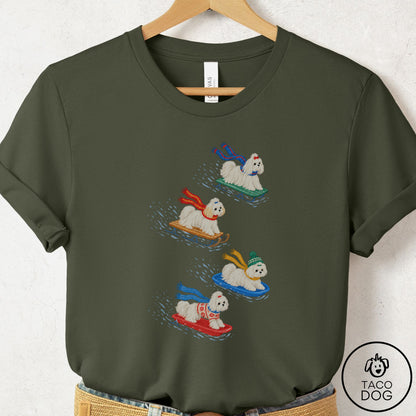 Maltese Sledding T-Shirt Military Green Taco-Dog