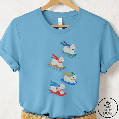 Maltese Sledding T-Shirt Ocean Blue Taco-Dog