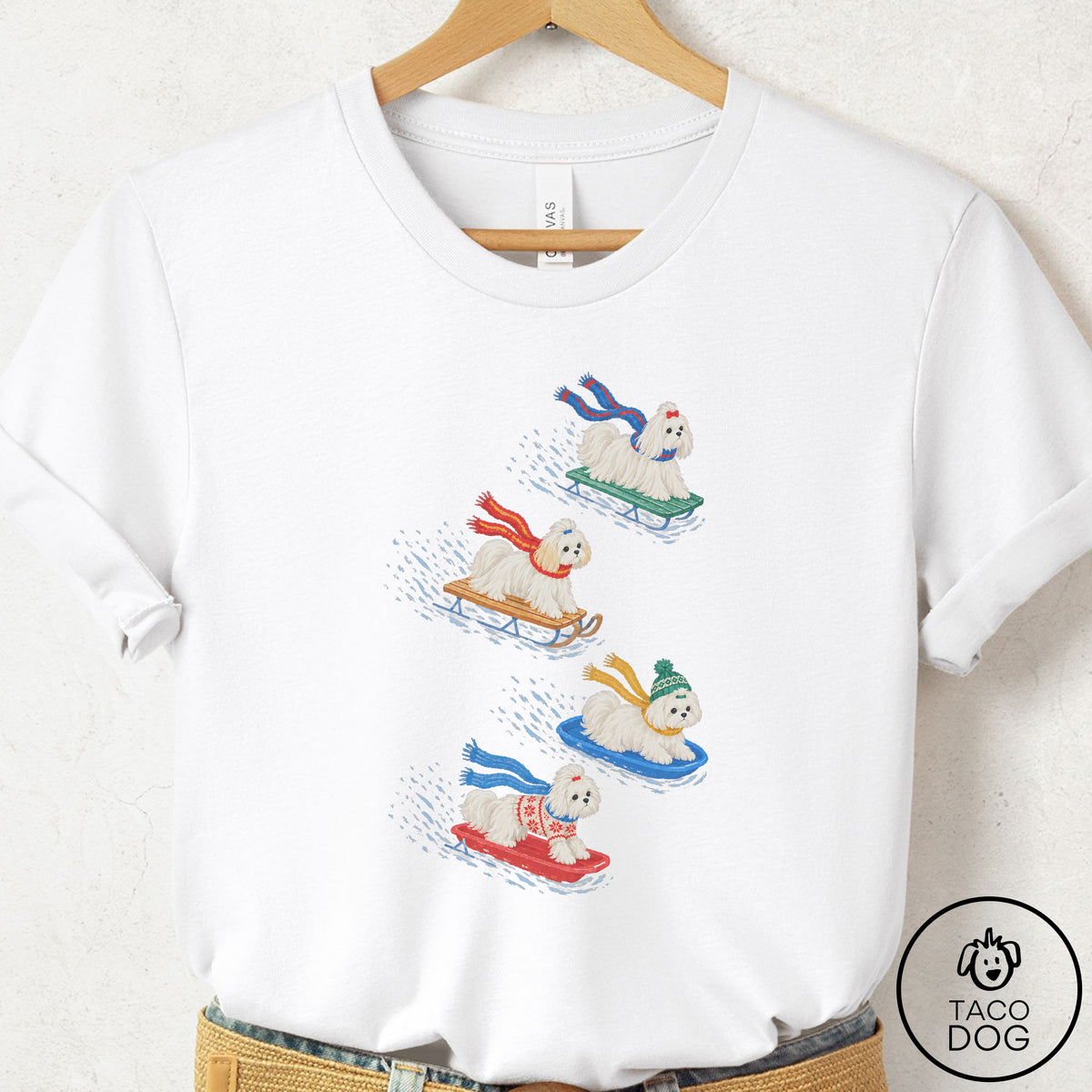 Maltese Sledding T-Shirt White Taco-Dog