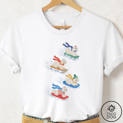 Maltese Sledding T-Shirt White Taco-Dog