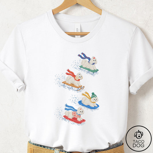 Maltese Sledding T-Shirt White Taco-Dog