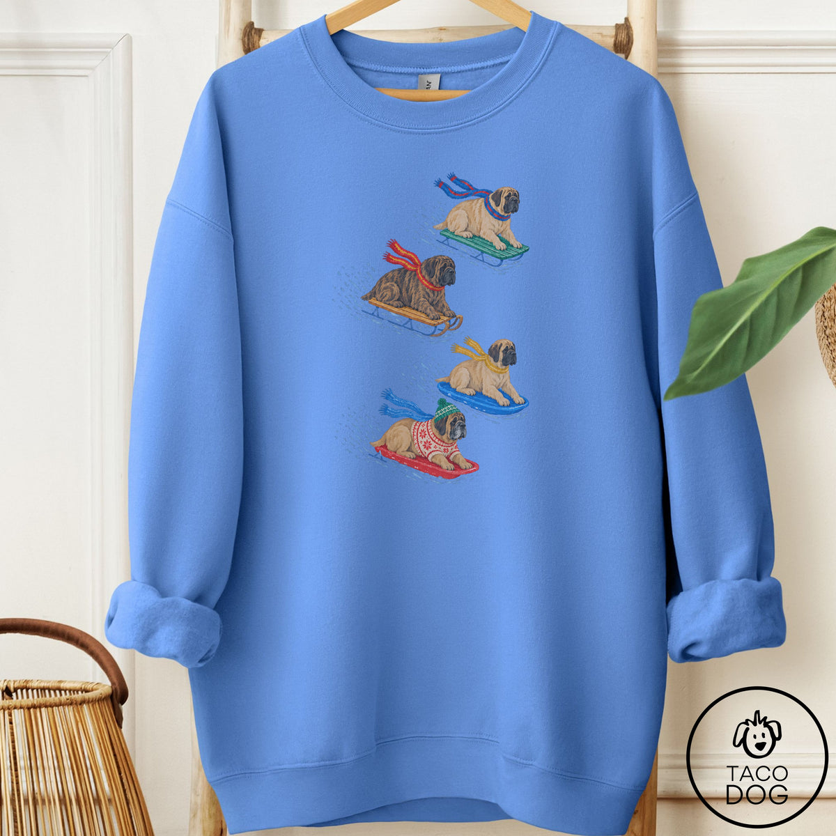 Mastiff Sledding Sweatshirt Carolina Blue Taco-Dog