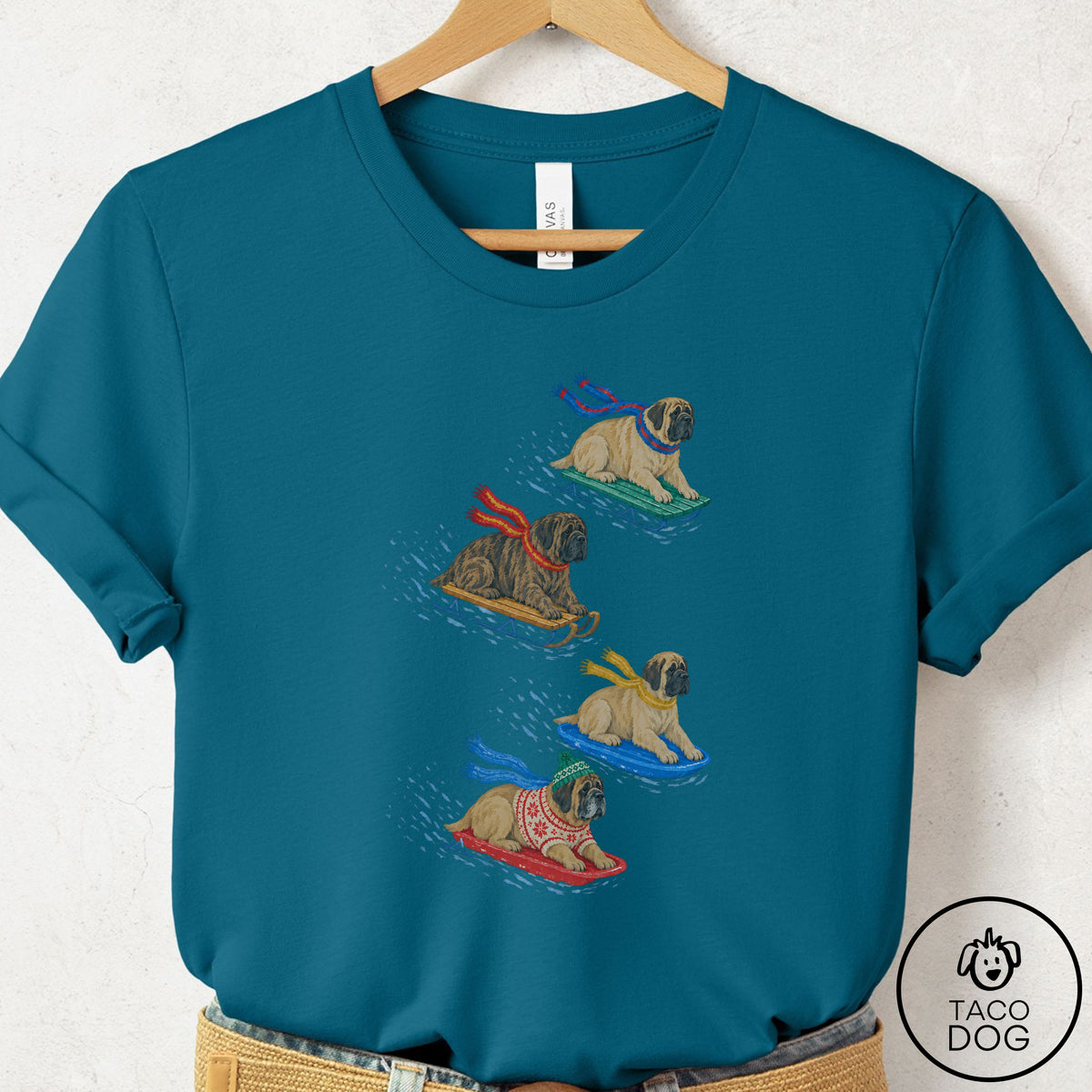 Mastiff Sledding T-Shirt Deep Teal Taco-Dog
