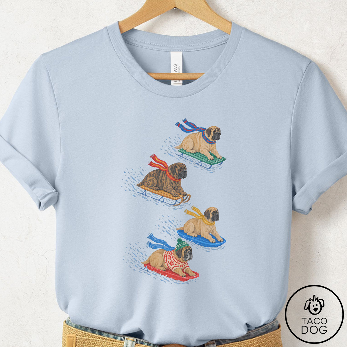 Mastiff Sledding T-Shirt Light Blue Taco-Dog