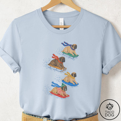 Mastiff Sledding T-Shirt Light Blue Taco-Dog