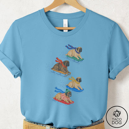 Mastiff Sledding T-Shirt Ocean Blue Taco-Dog