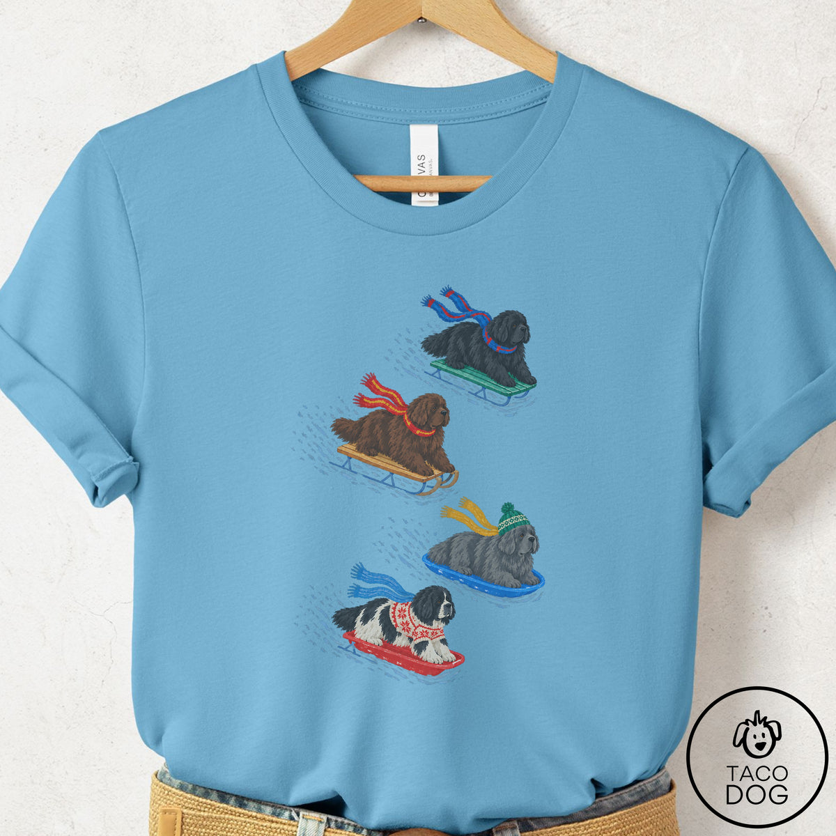 Newfoundland Sledding T-Shirt Ocean Blue Taco-Dog