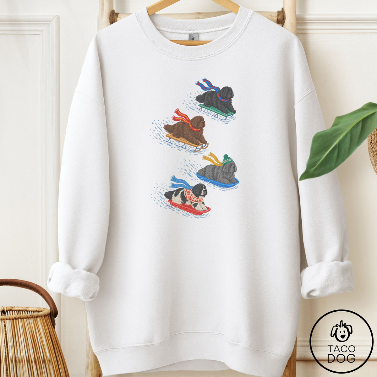 Newfoundland Sledding Sweatshirt White Taco-Dog