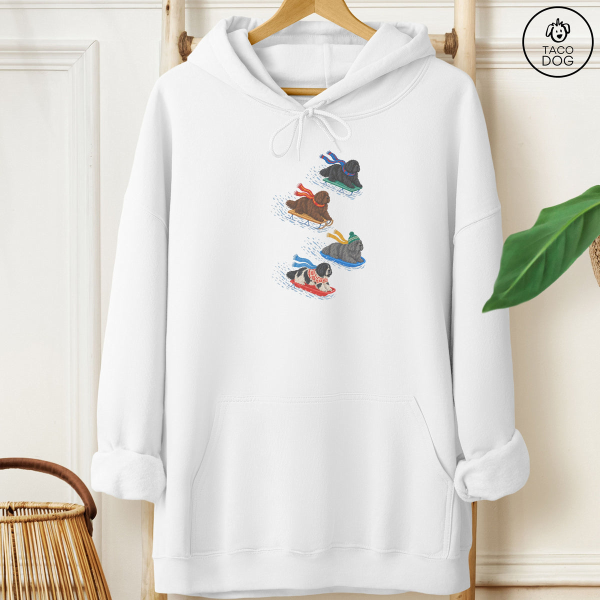 Newfoundland Sledding Hoodie White Taco-Dog