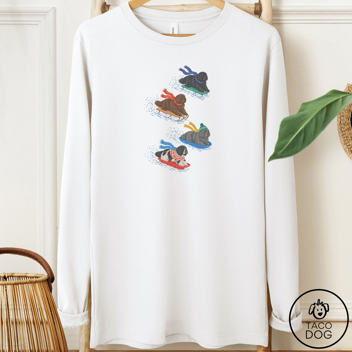 Newfoundland Sledding Long Sleeve Tee White Taco-Dog