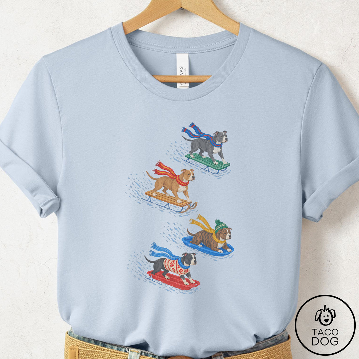Pitbull Sledding T-Shirt Light Blue Taco-Dog