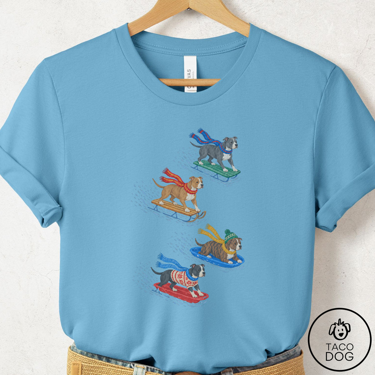 Pitbull Sledding T-Shirt Ocean Blue Taco-Dog