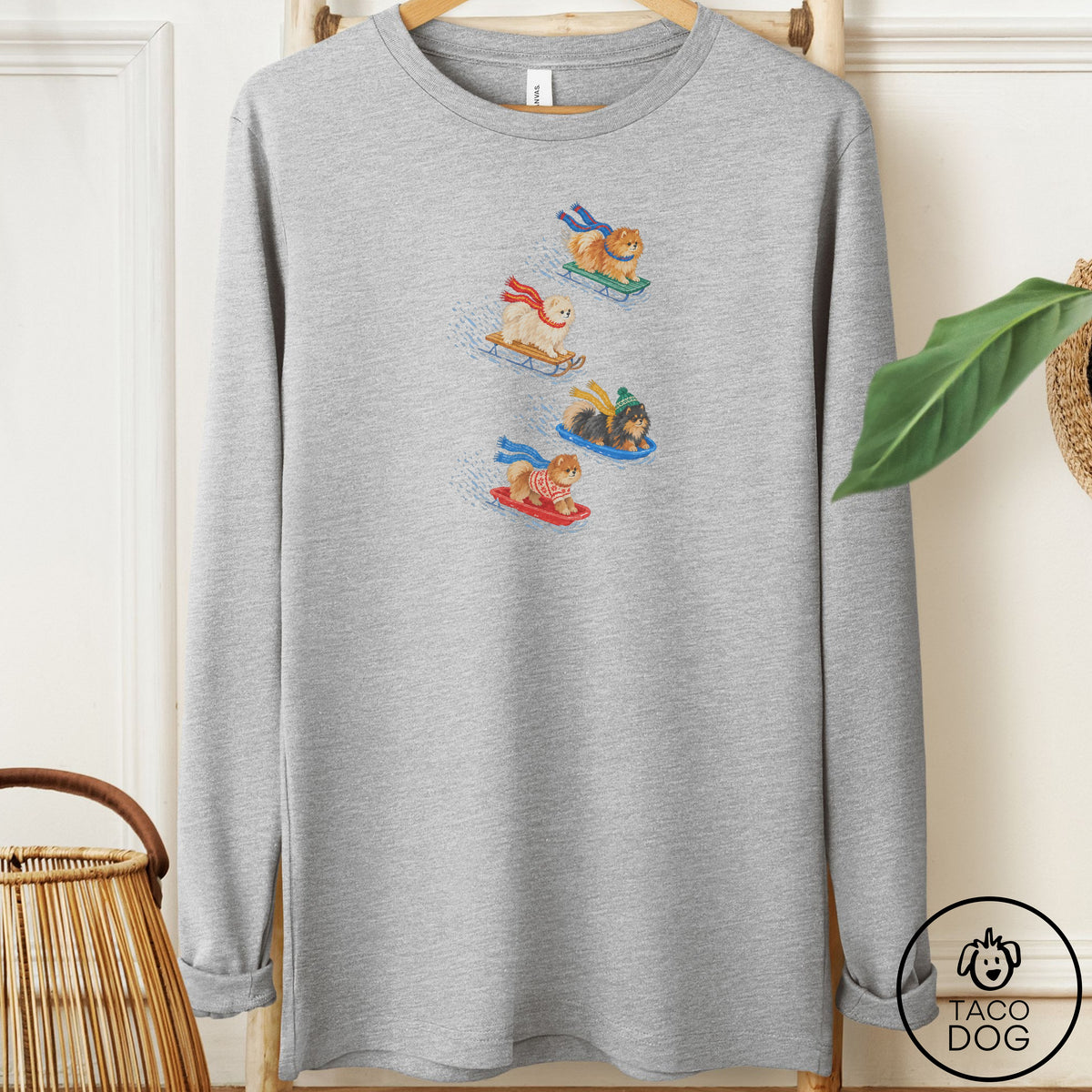Pomeranian Sledding Long Sleeve Tee Athletic Heather Taco-Dog
