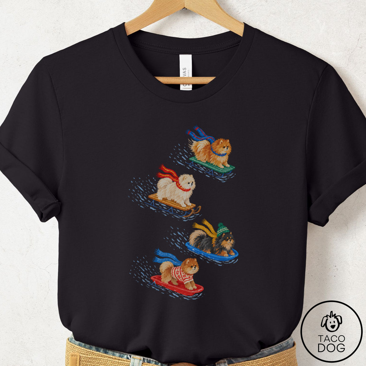 Pomeranian Sledding T-Shirt Black Taco-Dog