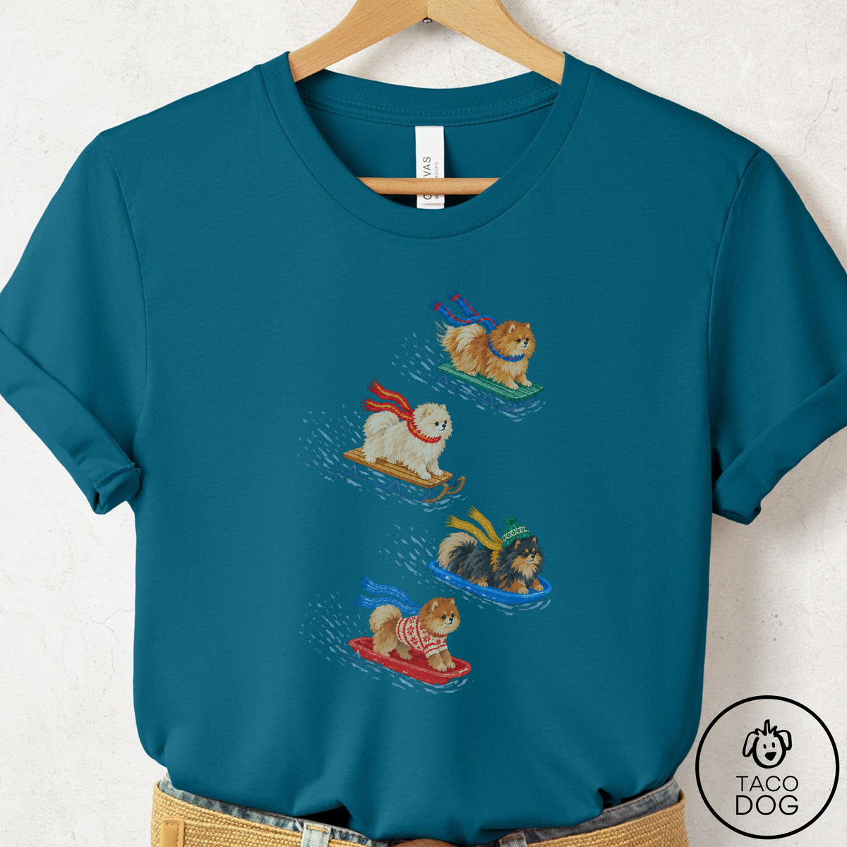 Pomeranian Sledding T-Shirt Deep Teal Taco-Dog