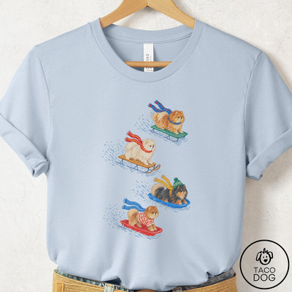 Pomeranian Sledding T-Shirt Light Blue Taco-Dog