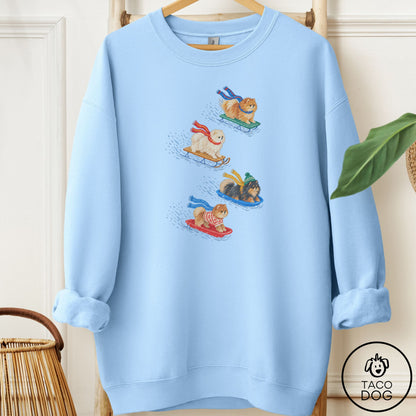 Pomeranian Sledding Sweatshirt Light Blue Taco-Dog