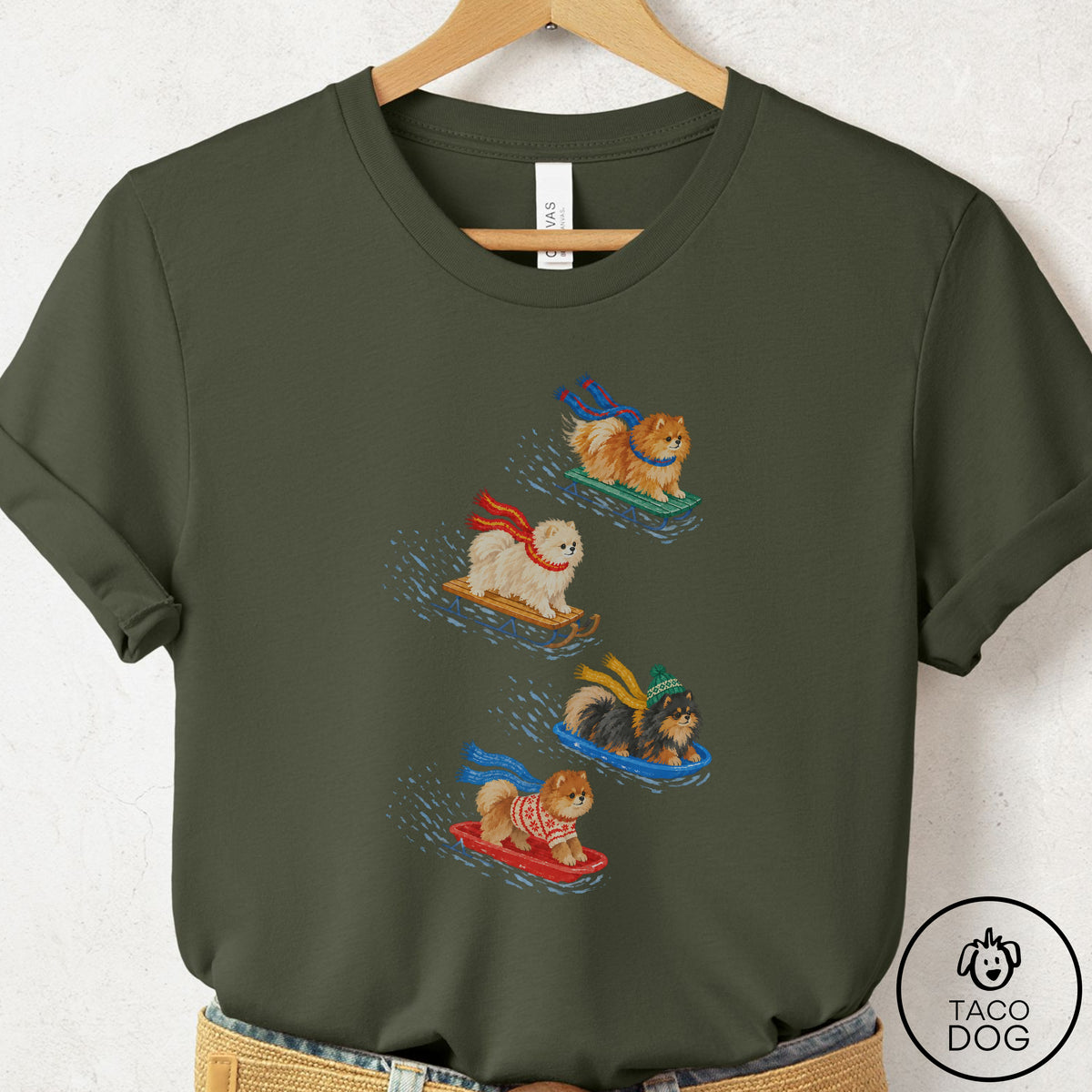 Pomeranian Sledding T-Shirt Military Green Taco-Dog
