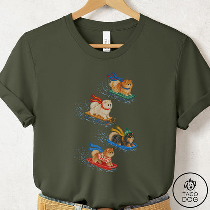 Pomeranian Sledding T-Shirt Military Green Taco-Dog