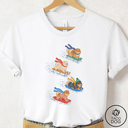 Pomeranian Sledding T-Shirt White Taco-Dog