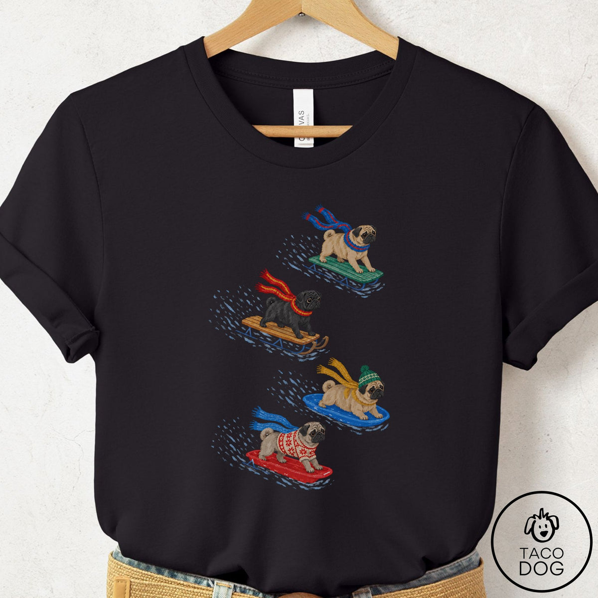 Pug Sledding T-Shirt Black Taco-Dog