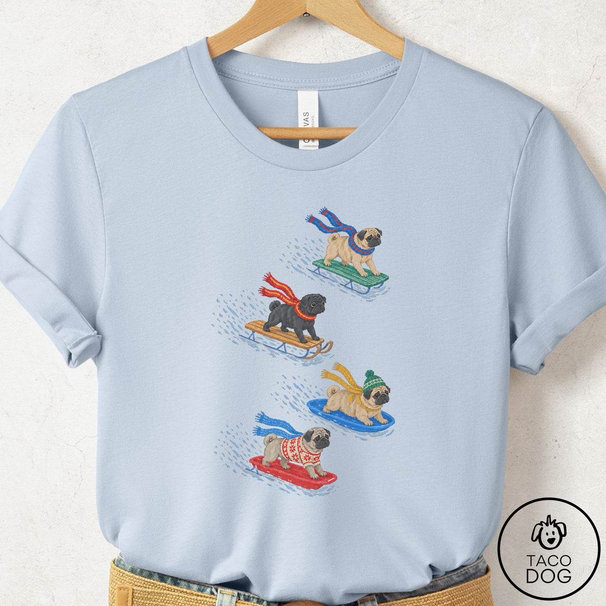 Pug Sledding T-Shirt Light Blue Taco-Dog